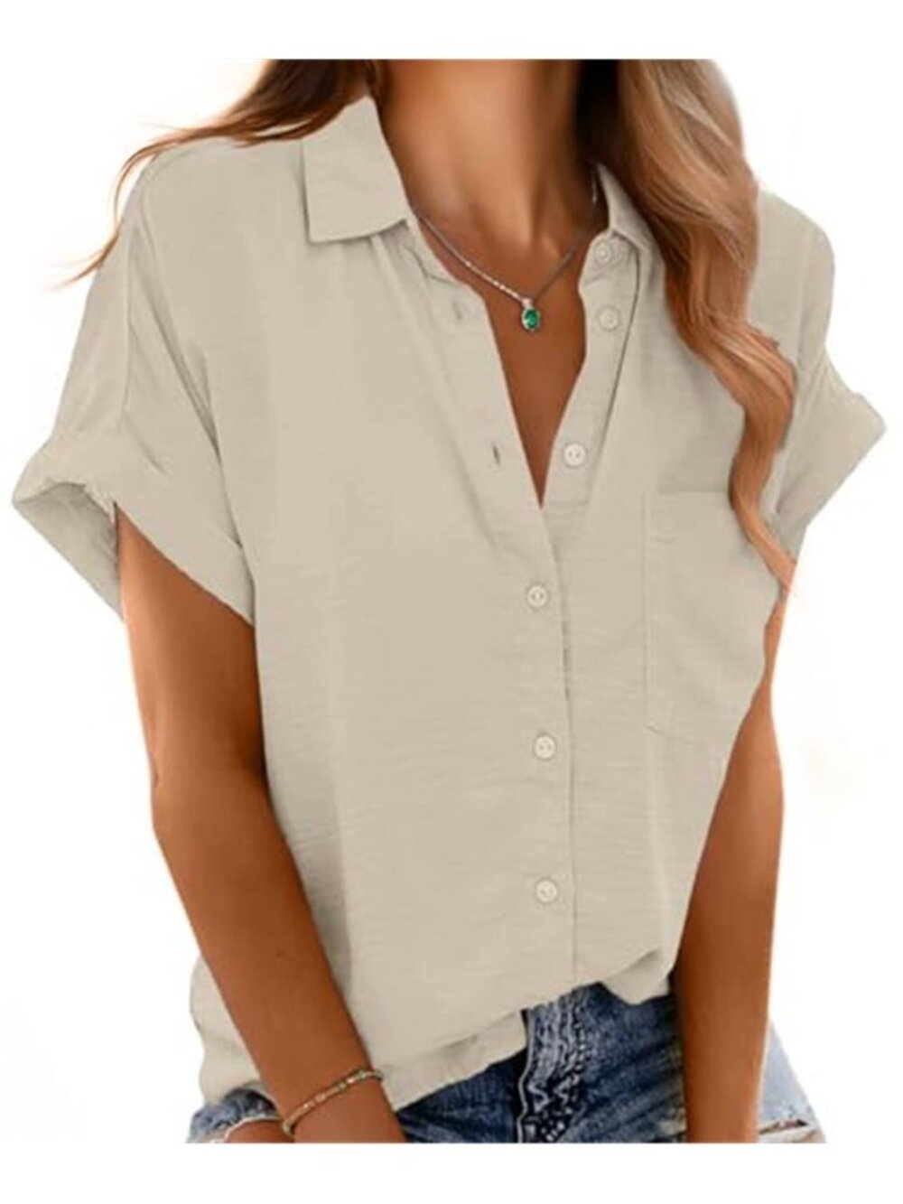 Womens Button Down Blouse Short Sleeve Collared Office Casual Summer Shirt